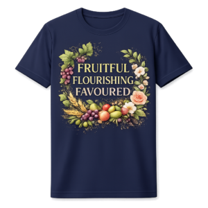 Navy unisex eco t-shirt with “Fruitful Flourishing Favoured” faith-based design