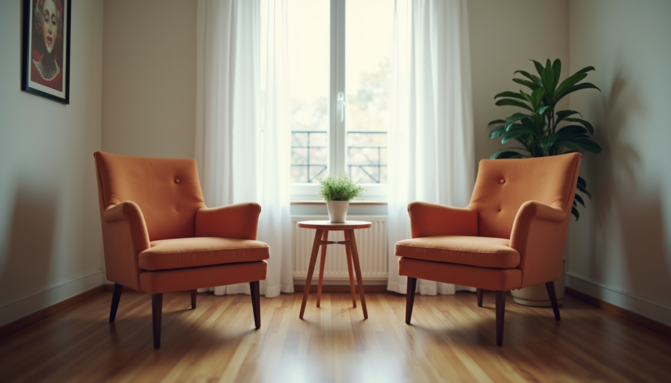 Eye-level view of a cozy counselling room with two chairs facing each other