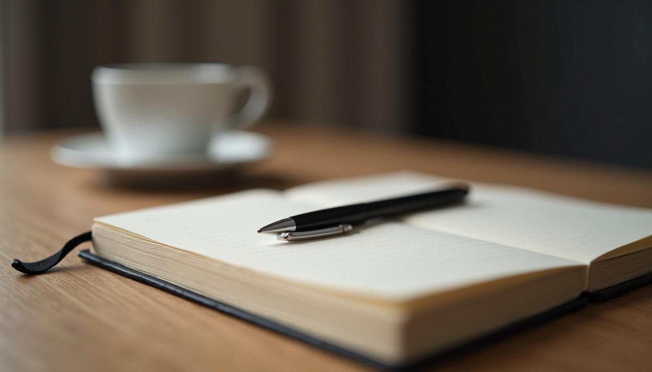 Close-up view of a journal and pen on a wooden table, symbolising reflection and healing
