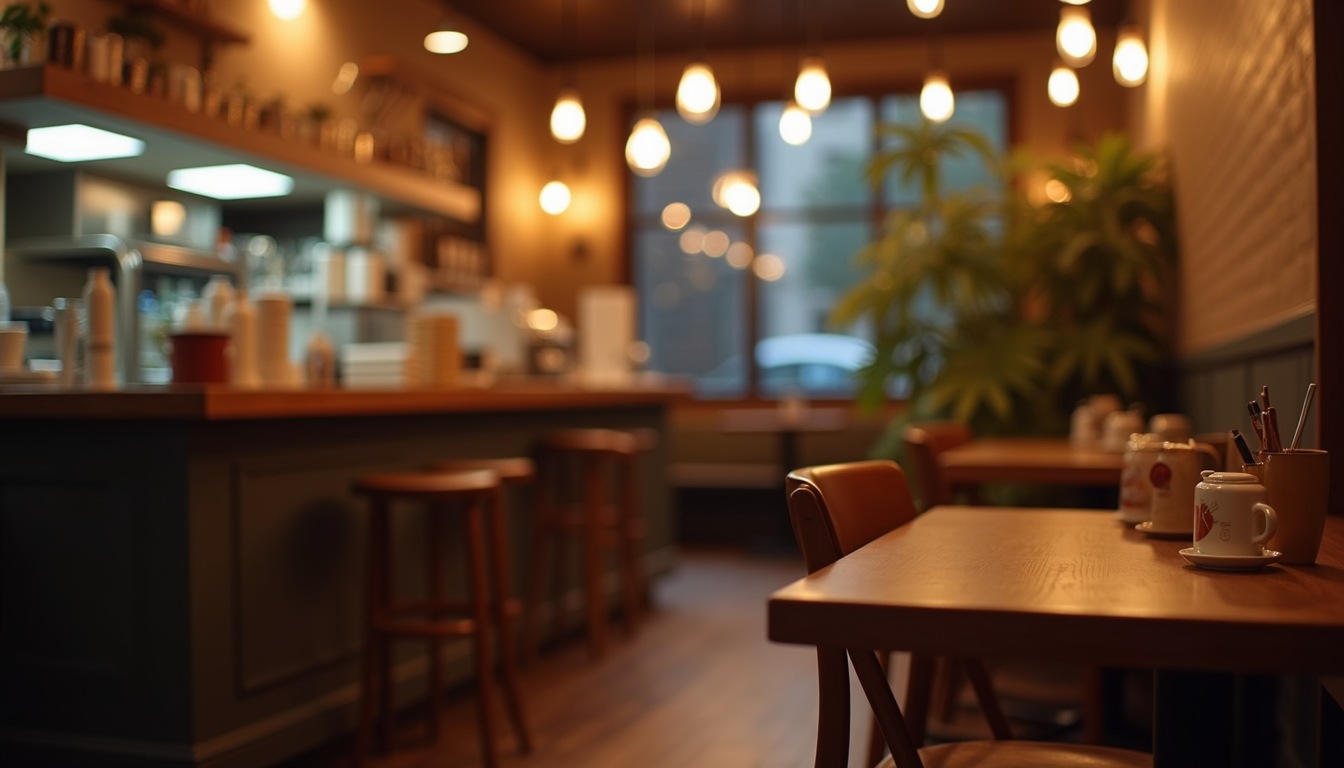 Eye-level view of a cozy café environment with warm, inviting lights