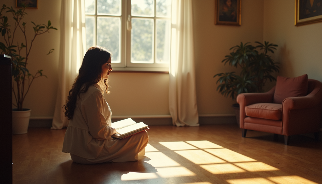 Eye-level view of a woman sitting quietly in a sunlit room with a prayer journal