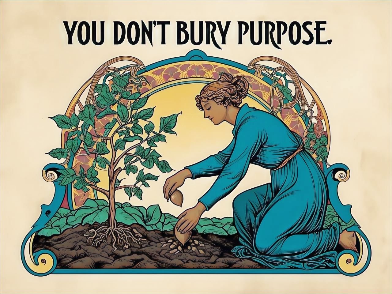 A serene depiction of a woman nurturing growth beside the empowering words "You Don't Bury Purpose," symbolizing resilience and the flourishing of one’s true calling.
