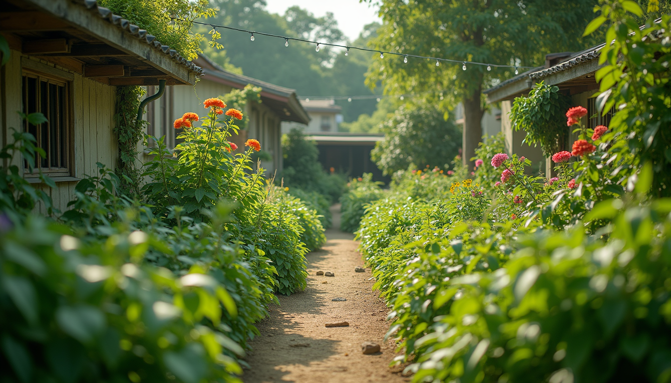 Wide-angle view of a vibrant community garden filled with lush greenery