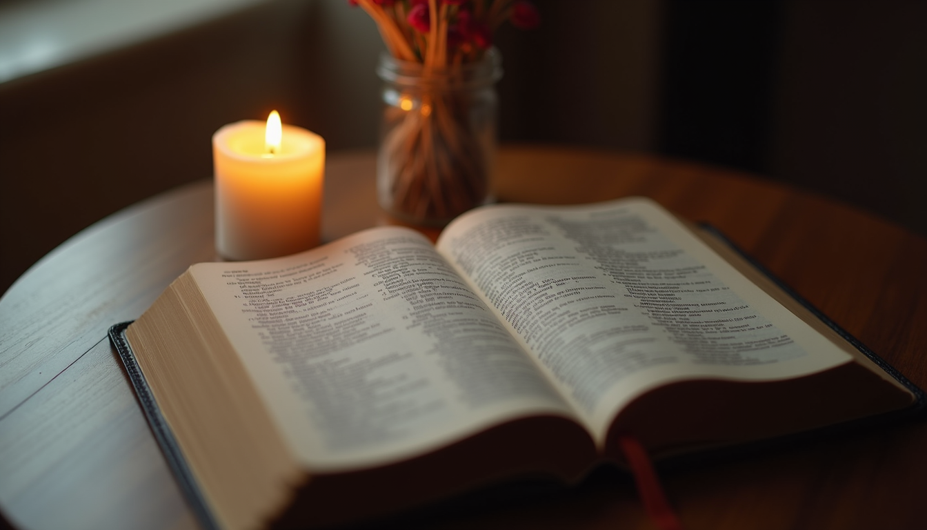Close-up view of a candle burning softly beside an open Bible