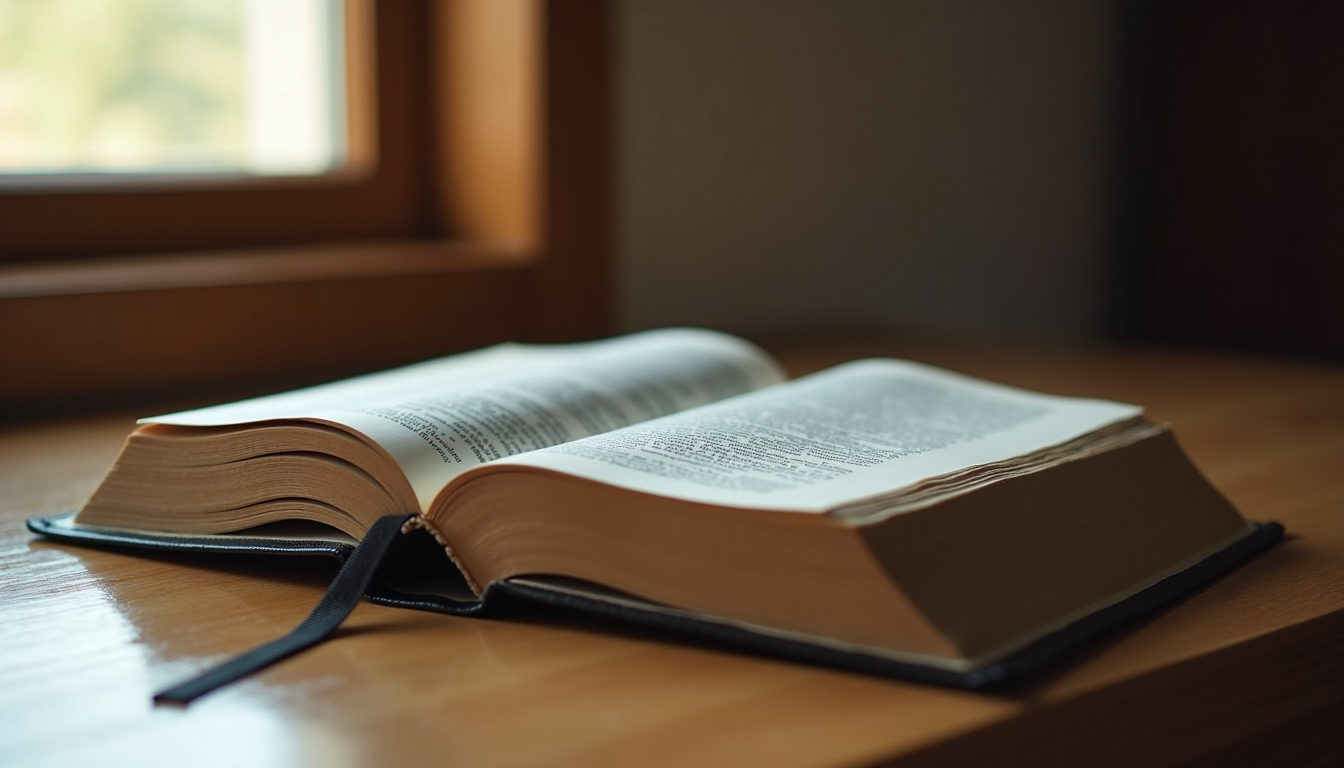 Close-up view of an open Bible on a wooden table reflecting peace and introspection
