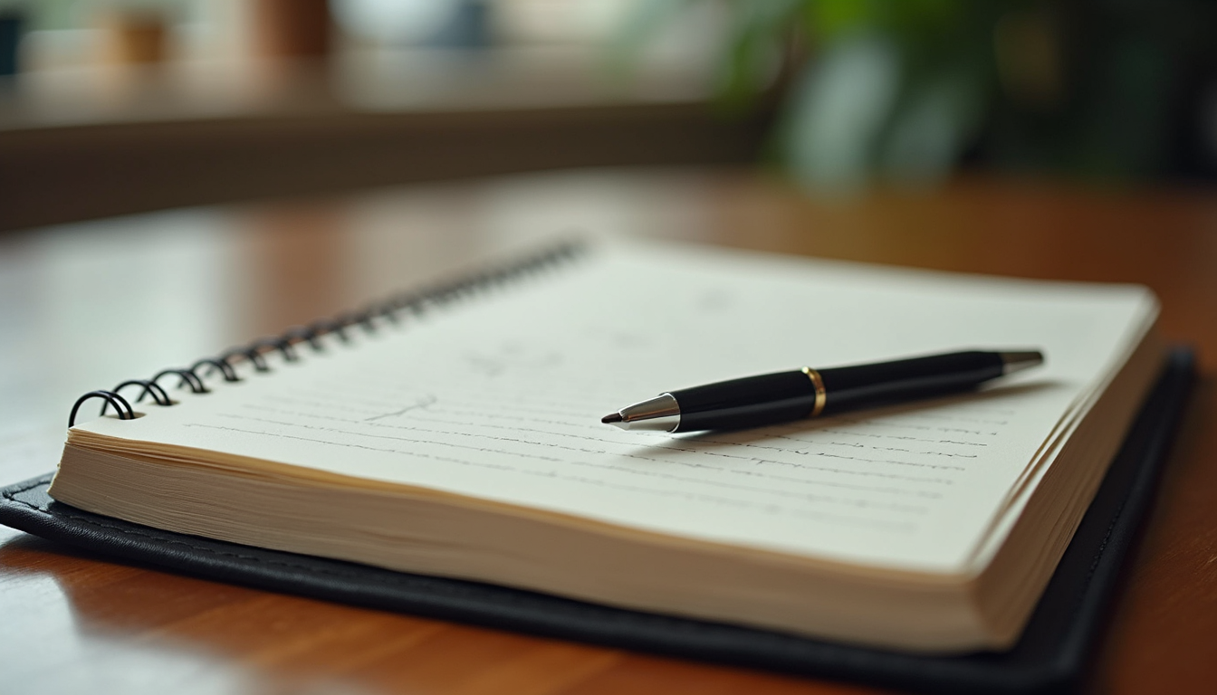 Close-up of a journal with handwritten notes and a pen on a wooden table