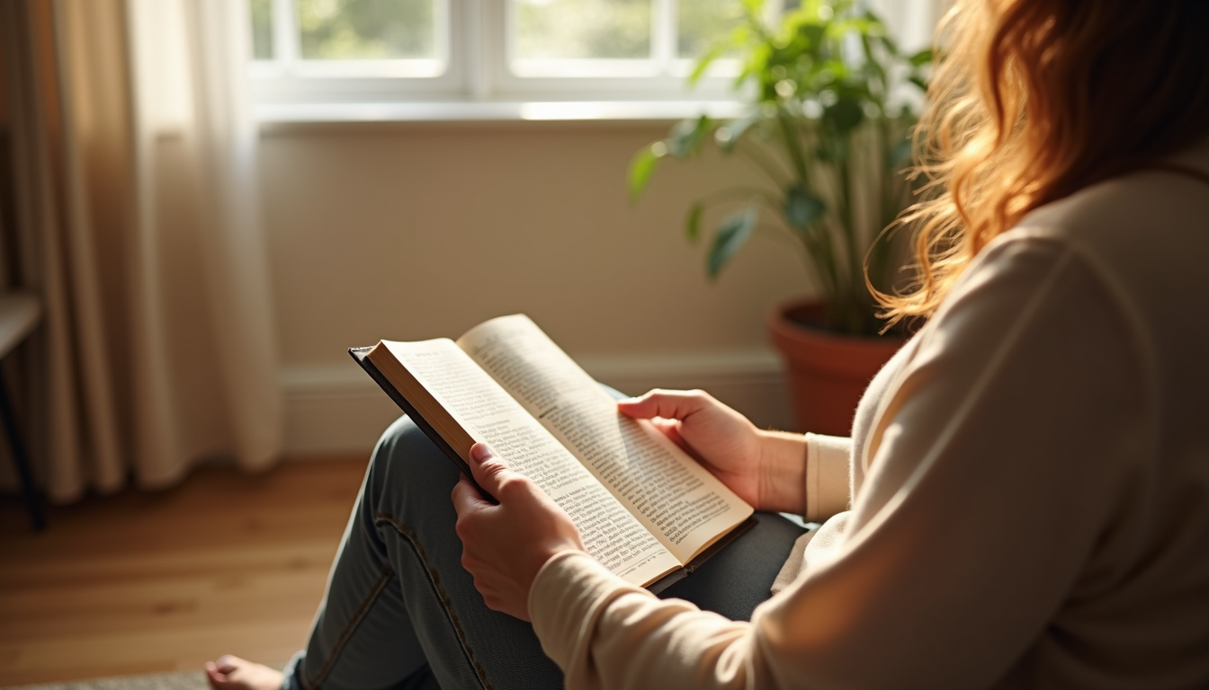 Eye-level view of a woman sitting peacefully in a sunlit room with a Bible on her lap