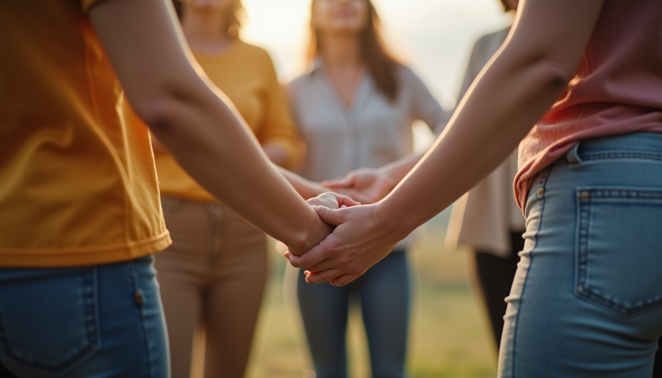 Close-up view of a circle of women holding hands in a support group