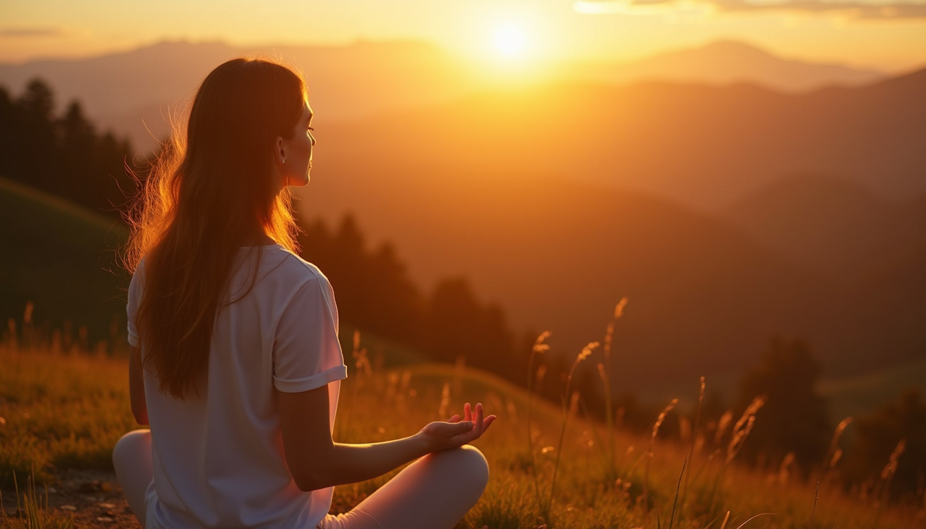 High angle view of a woman meditating outdoors at sunrise