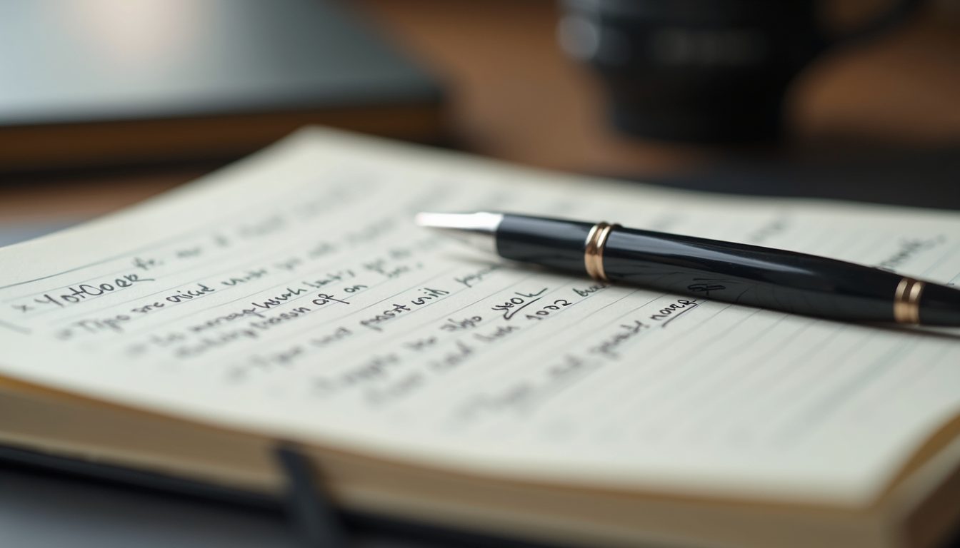 Close-up of a journal with handwritten notes and a pen