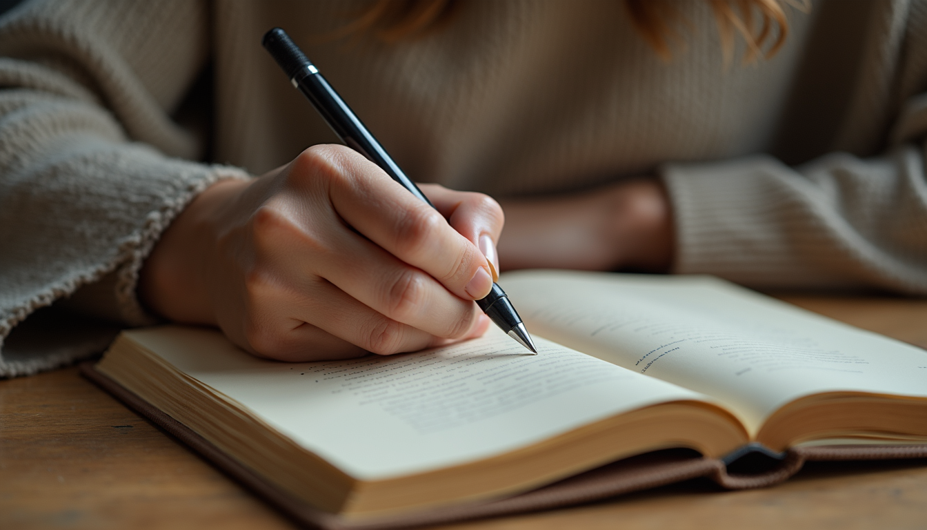 Eye-level view of a woman writing in a journal during a spiritual retreat