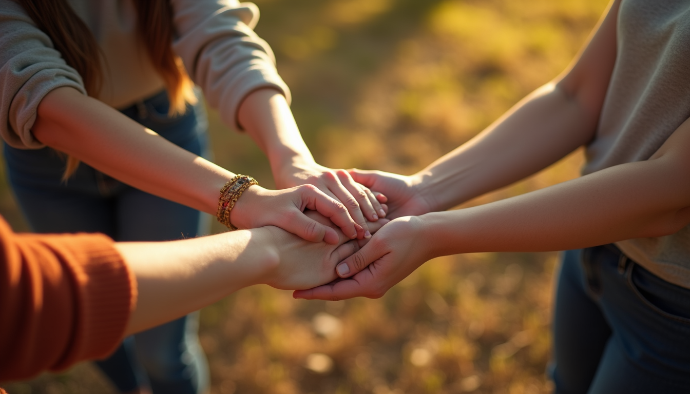 High angle view of a circle of women holding hands outdoors