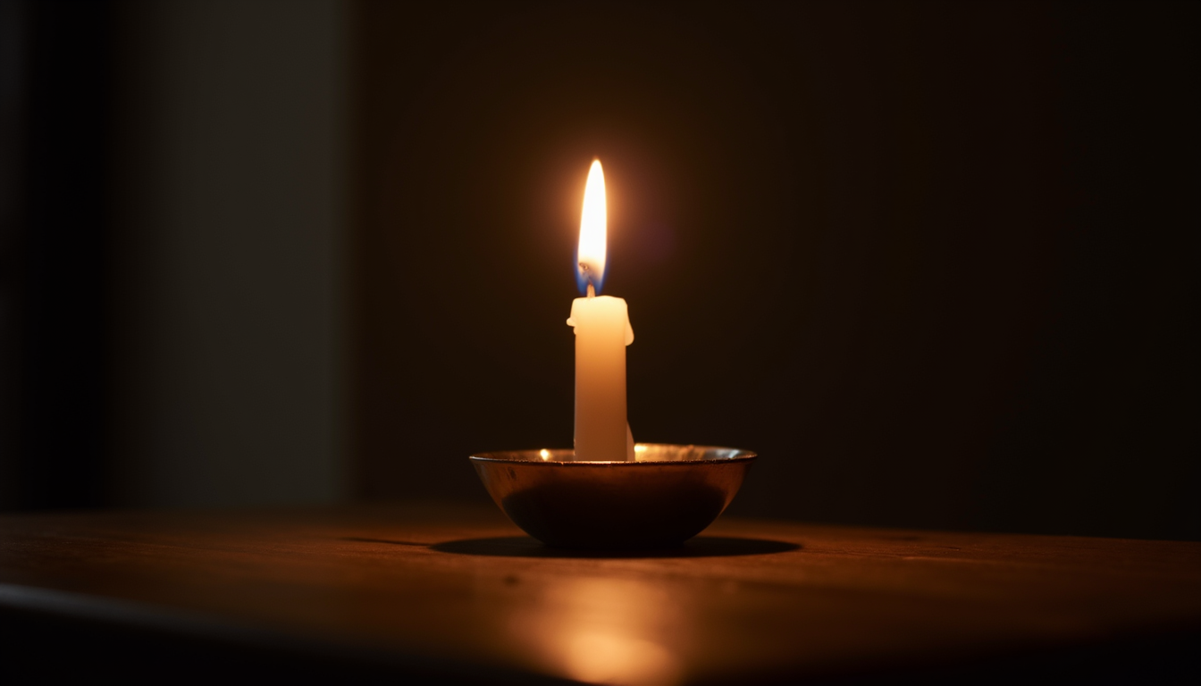 Eye-level view of a single candle burning in a dark room