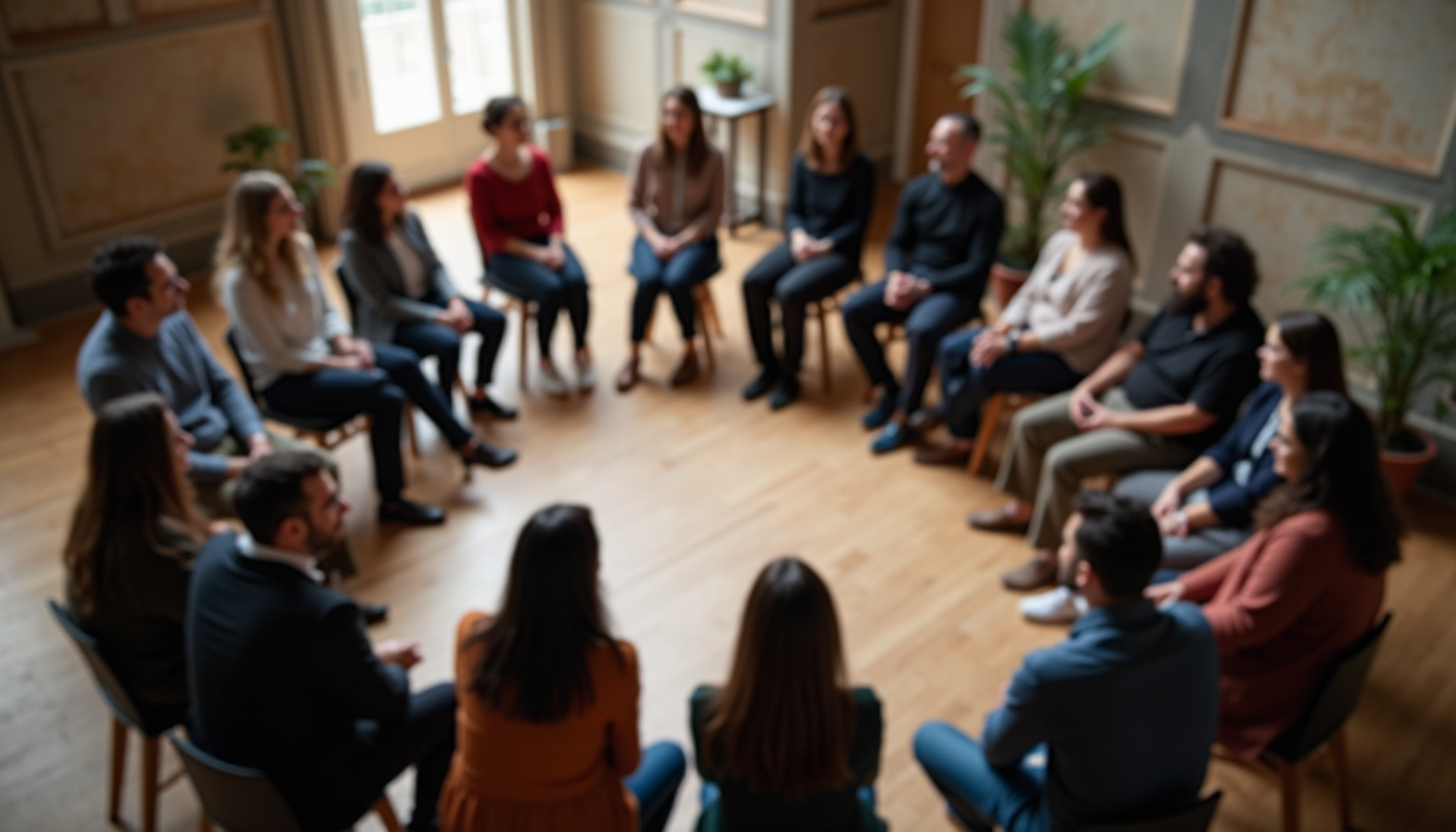 High angle view of a community group gathered in a circle for a mentorship workshop