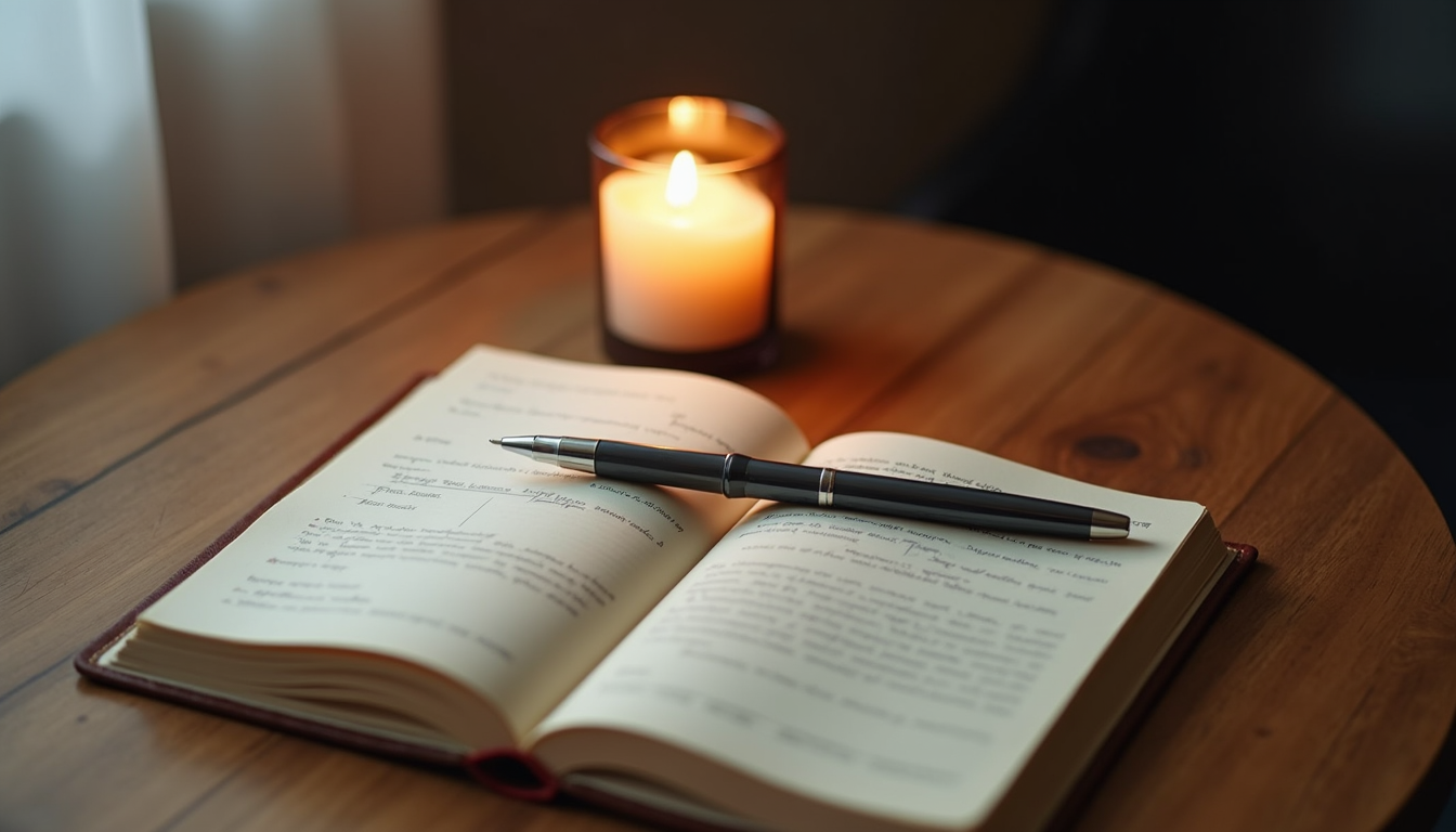 High angle view of a journal, pen, and candle on a wooden table
