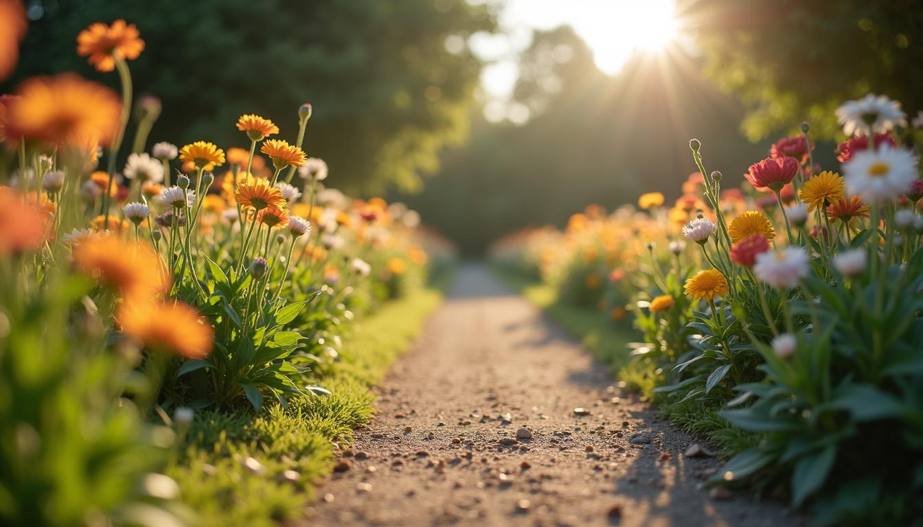 Eye-level view of a serene garden path lined with blooming flowers