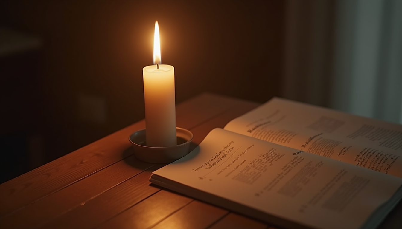 High angle view of a single lit candle on a wooden surface