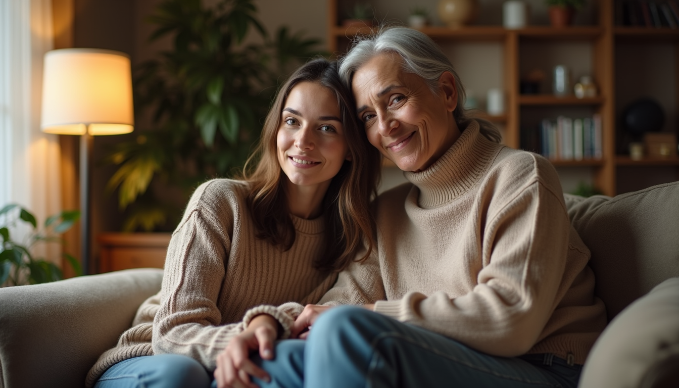 Eye-level view of a young woman and mentor sitting together in a cozy room