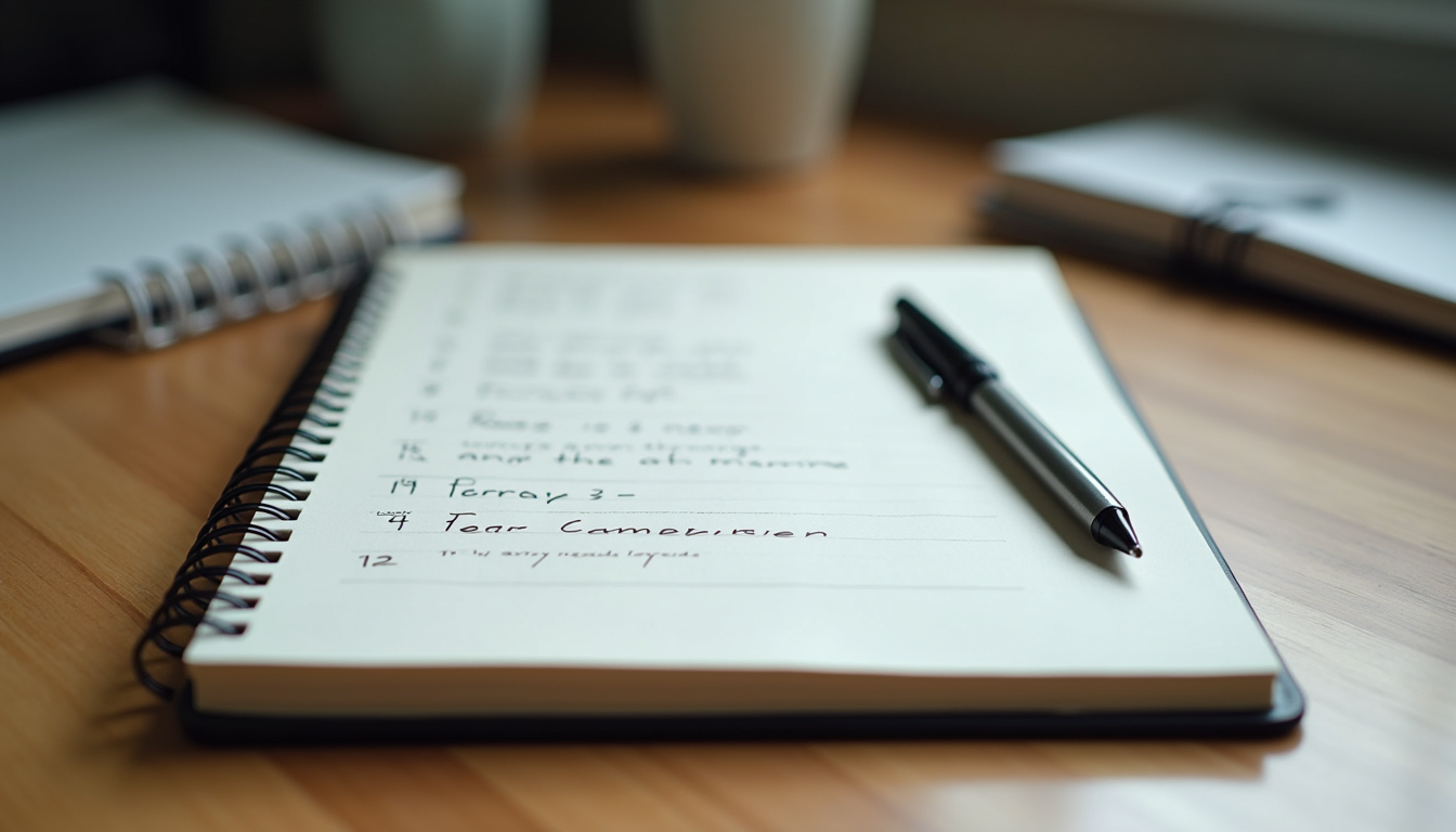 Close-up view of a notebook with handwritten goals and a pen