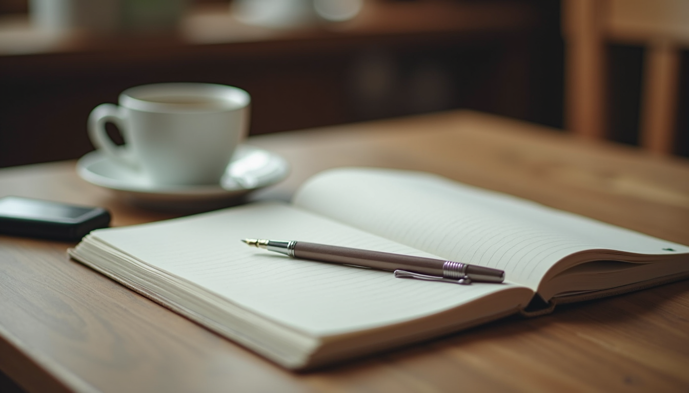 Close-up view of a journal and pen on a wooden table