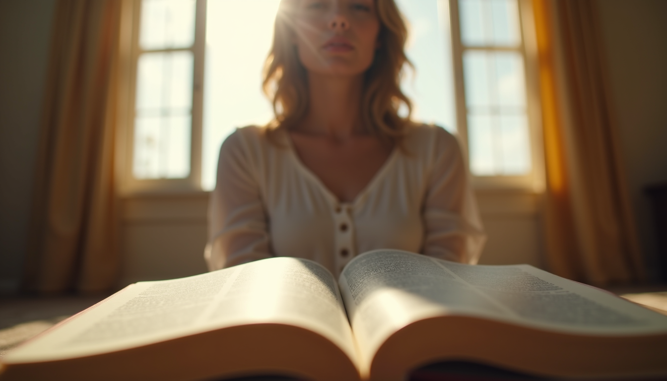 Eye-level view of a woman sitting peacefully in a sunlit room with an open Bible