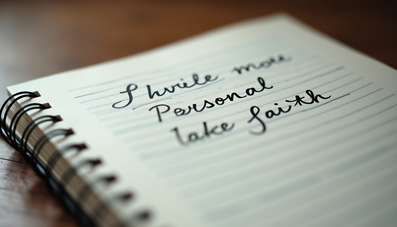 Close-up of a notebook with handwritten notes on personal growth and faith