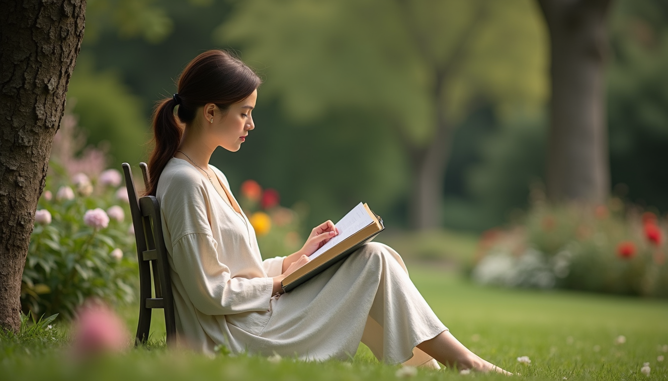 Eye-level view of a woman sitting quietly in a peaceful garden with a prayer journal