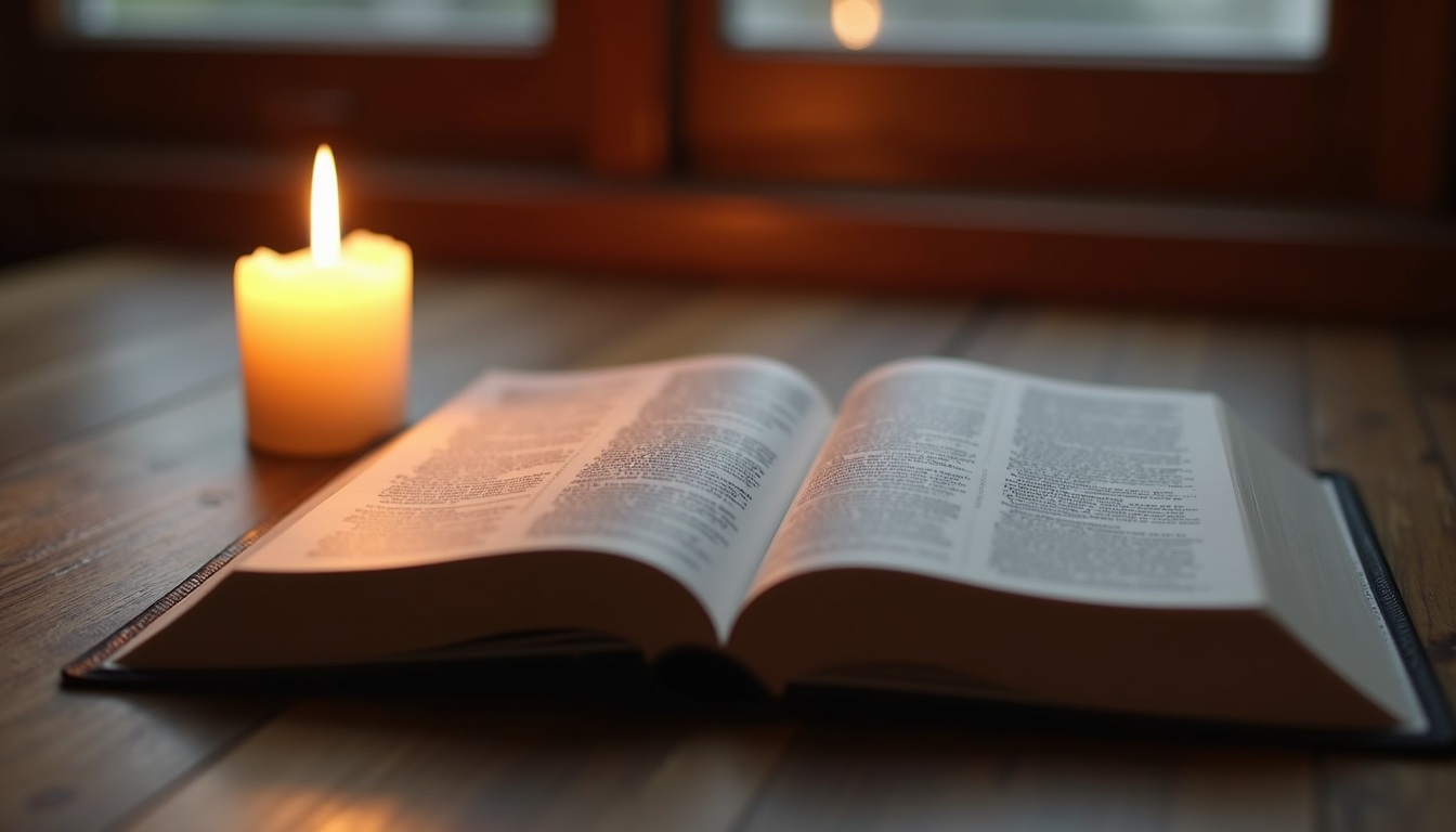 Close-up view of a candle burning softly beside an open Bible on a wooden table