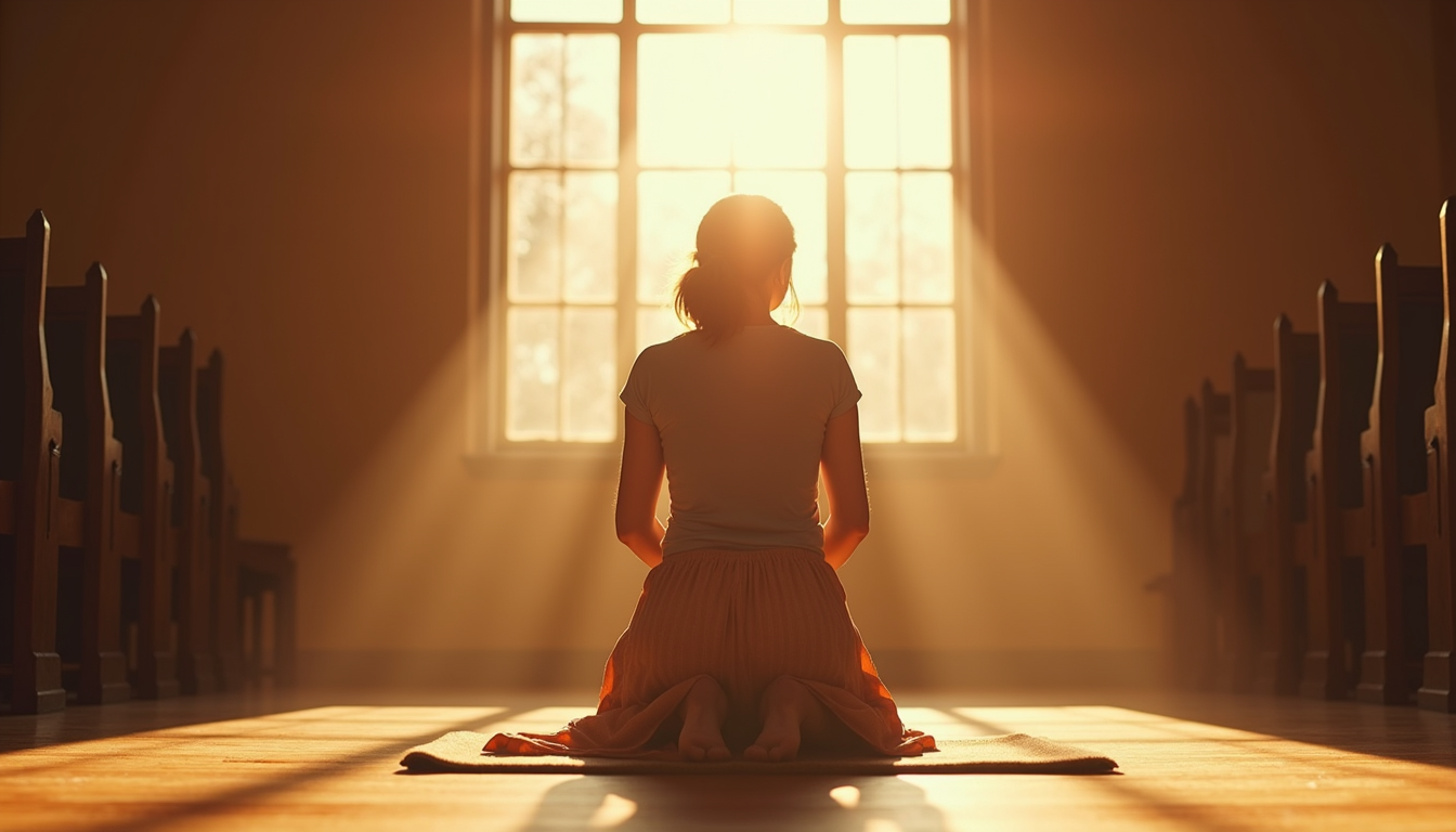 Eye-level view of a woman kneeling in prayer in a sunlit room