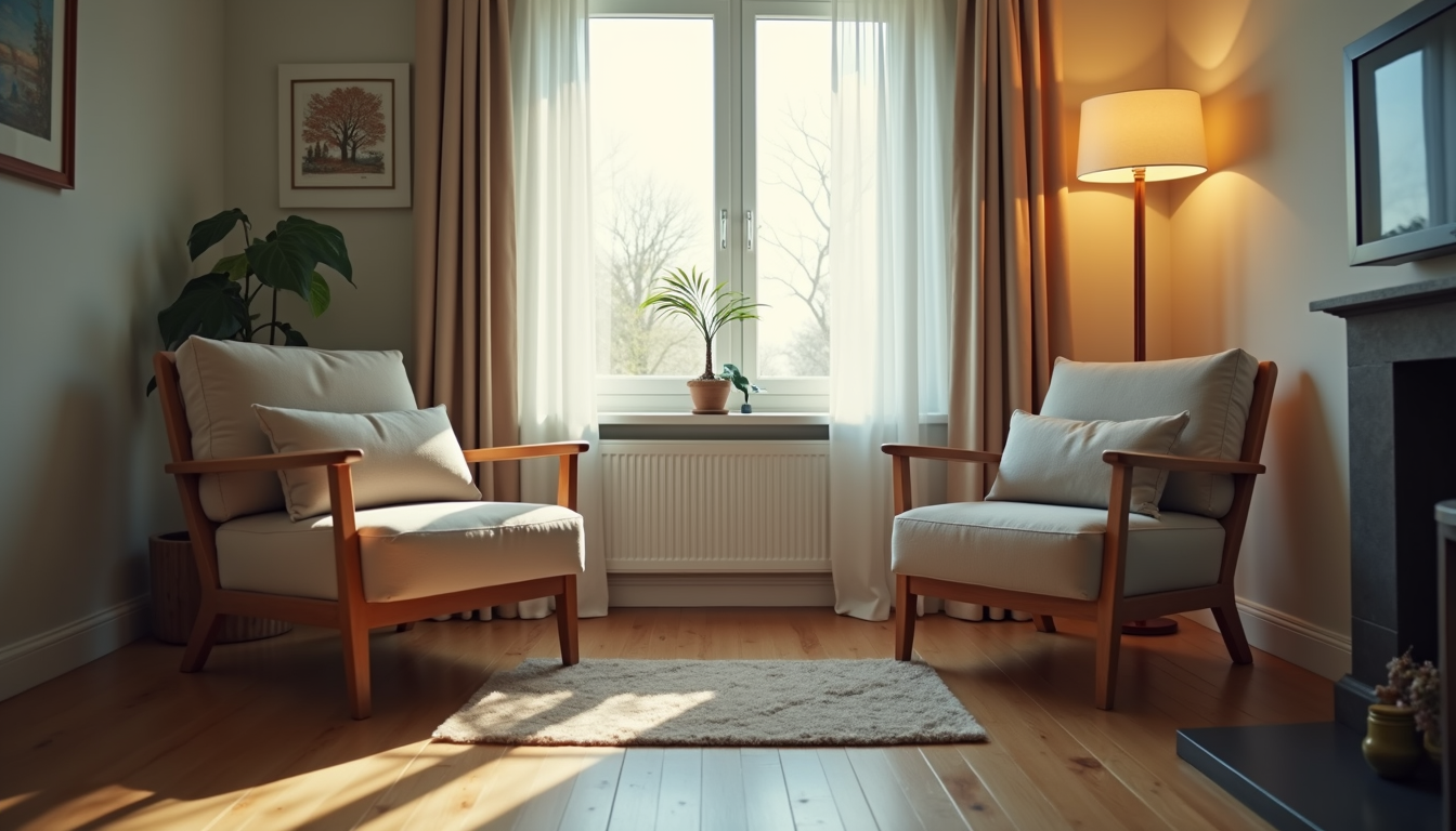 Eye-level view of a cozy counselling room with two chairs and soft lighting