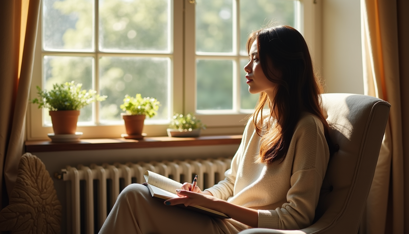 Eye-level view of a woman sitting peacefully in a sunlit room with a journal