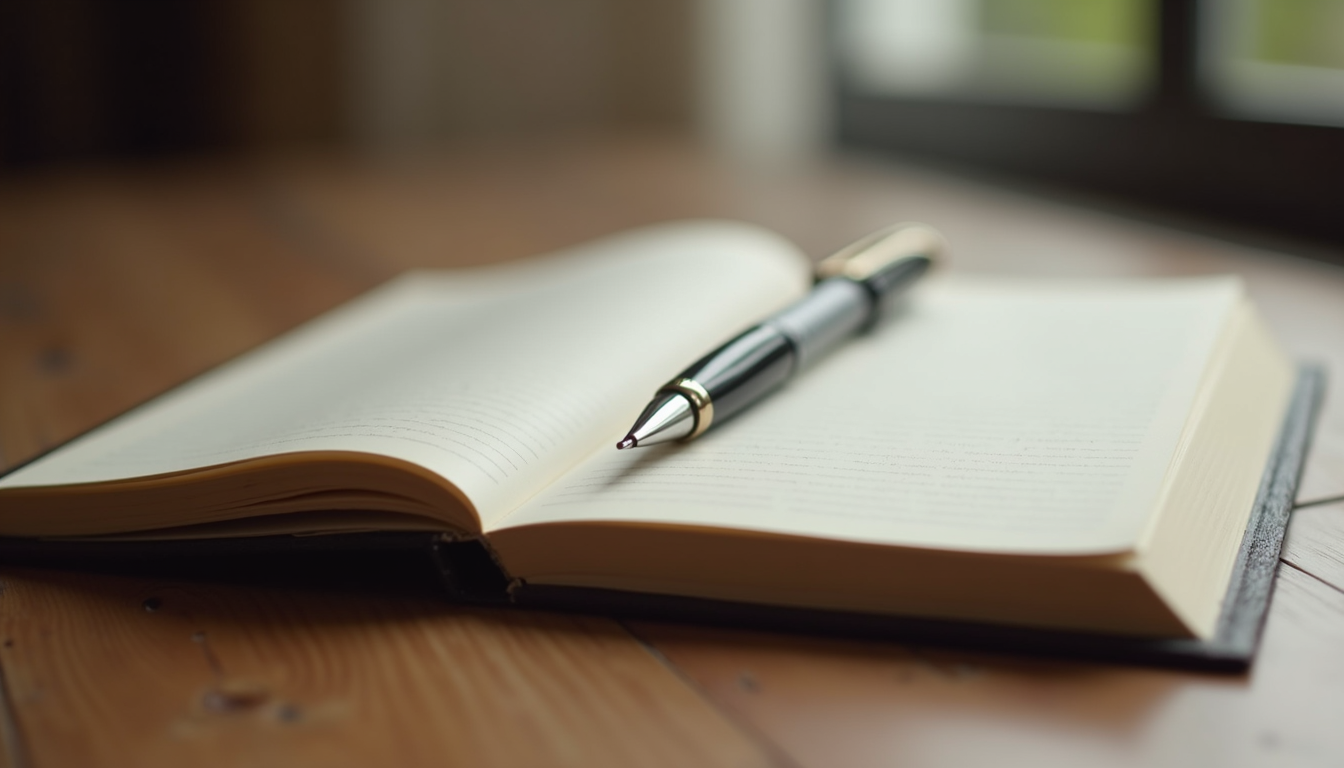 Close-up view of a journal and pen on a wooden table, symbolising reflection and healing