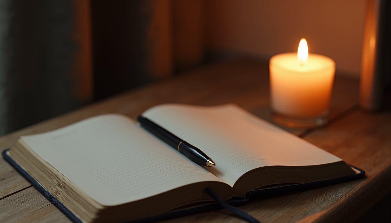 Close-up view of a journal and pen beside a lit candle on a wooden table