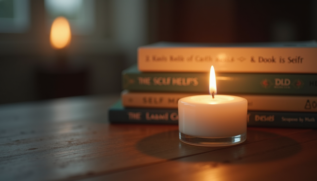 Close-up view of a candle burning softly beside a stack of self-help books