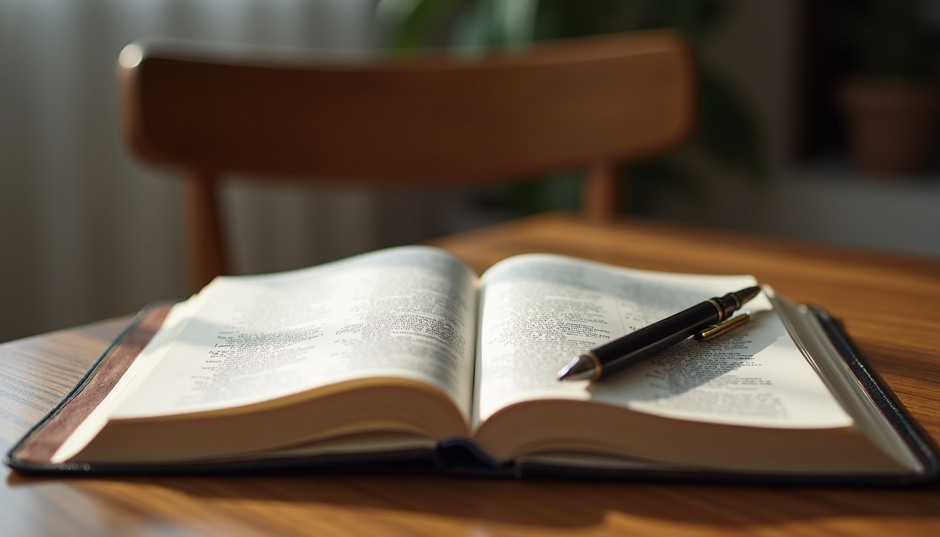 Close-up view of an open prayer journal with a pen on a wooden table