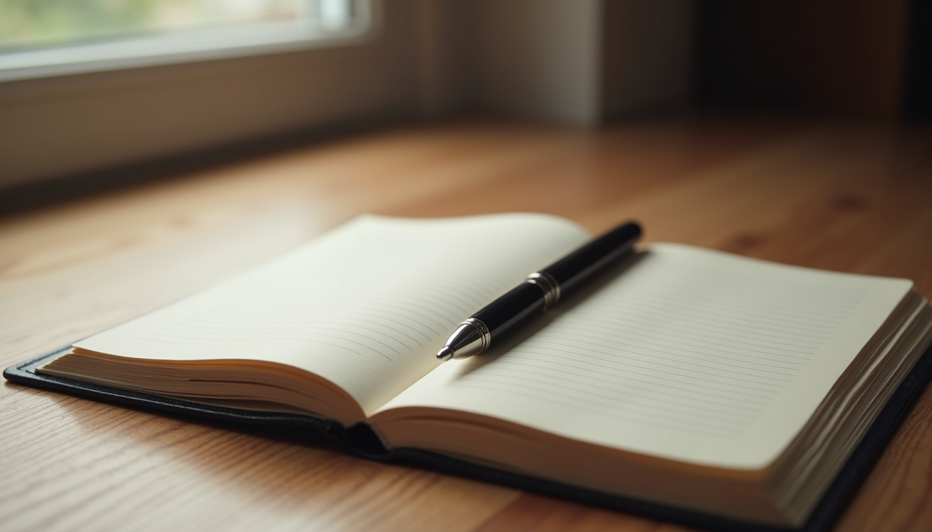 Close-up view of a journal and pen on a wooden table, symbolising reflection and healing