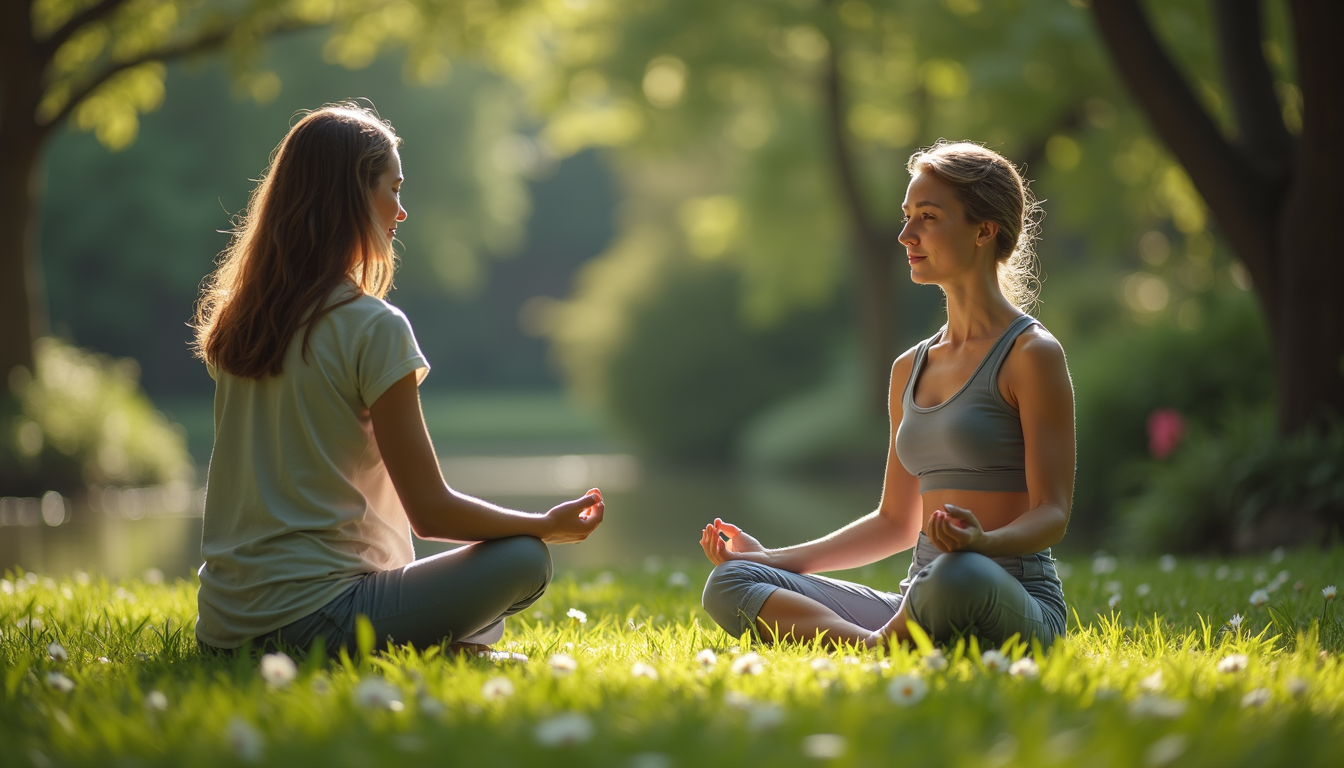 Eye-level view of a woman meditating in a serene garden