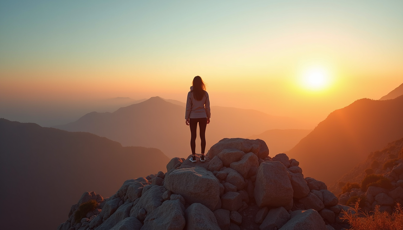 High angle view of a woman standing on a mountain peak at sunrise, symbolising empowerment and new beginnings
