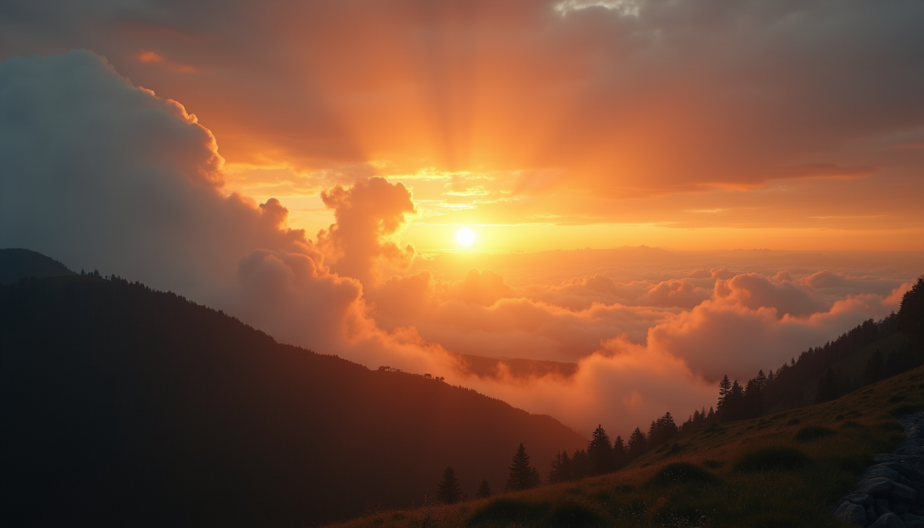 Eye-level view of a sunrise breaking through clouds over a peaceful valley
