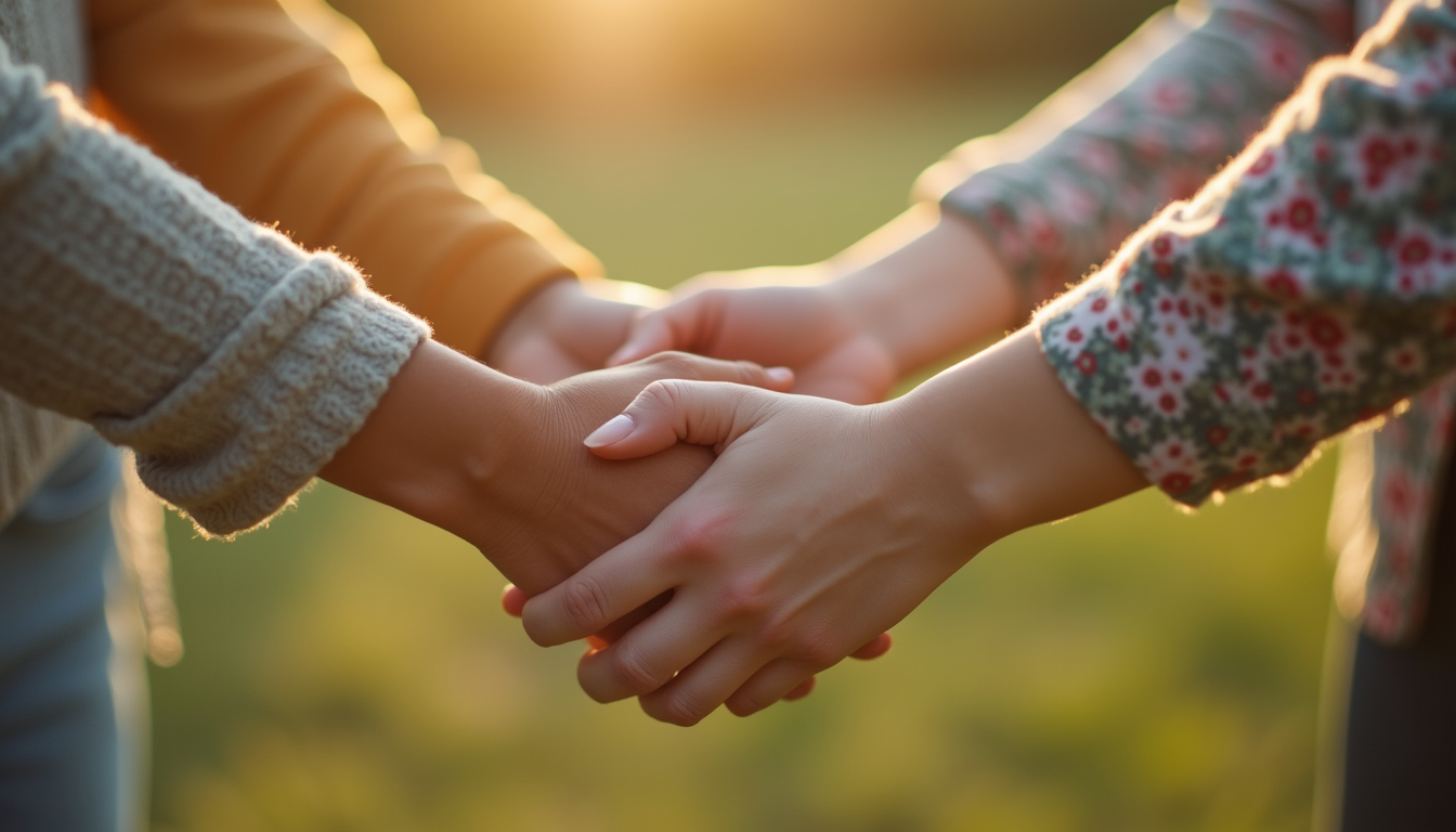 Close-up view of a circle of women holding hands in a serene outdoor setting