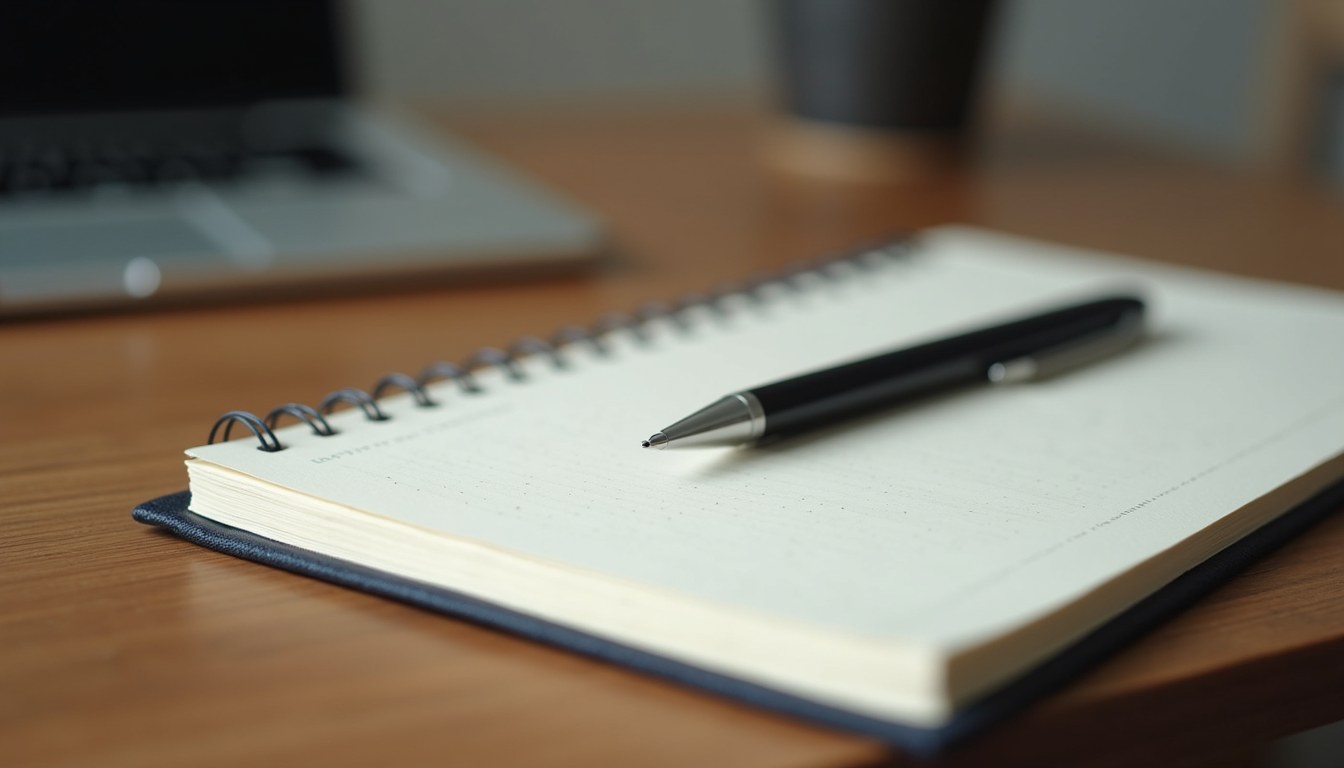 Close-up view of a journal and pen on a wooden table
