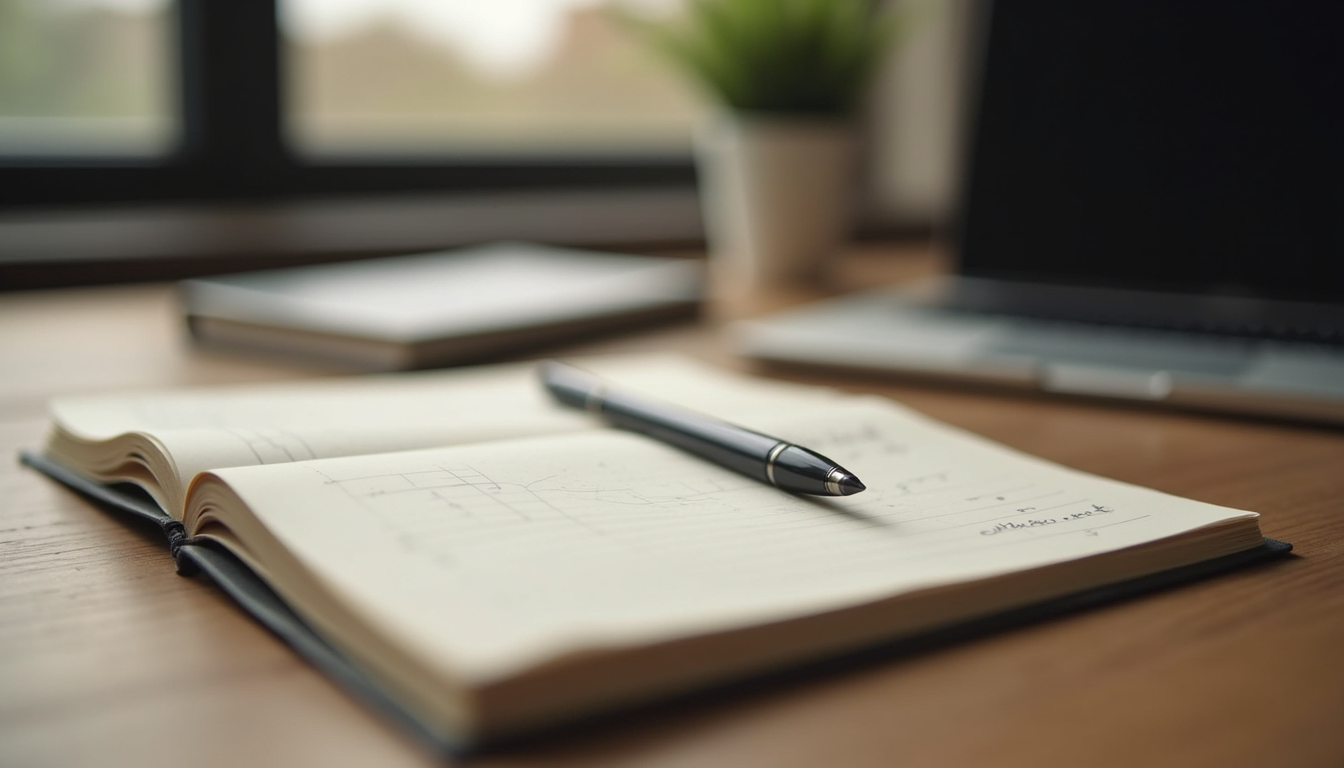 Close-up view of a journal and pen on a wooden table, symbolising reflection and personal growth