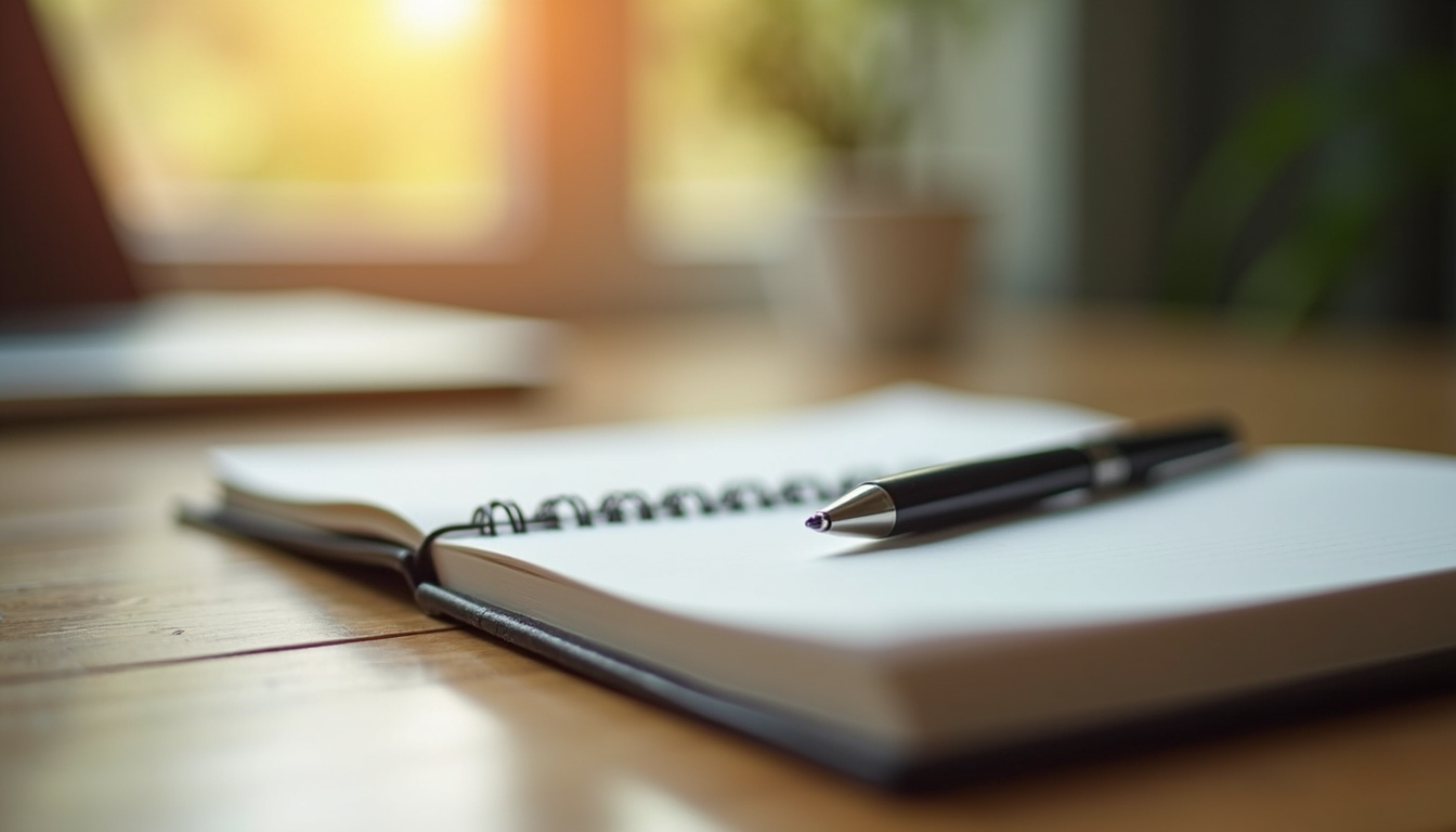 Close-up view of a journal and pen on a wooden table, symbolising reflection and growth
