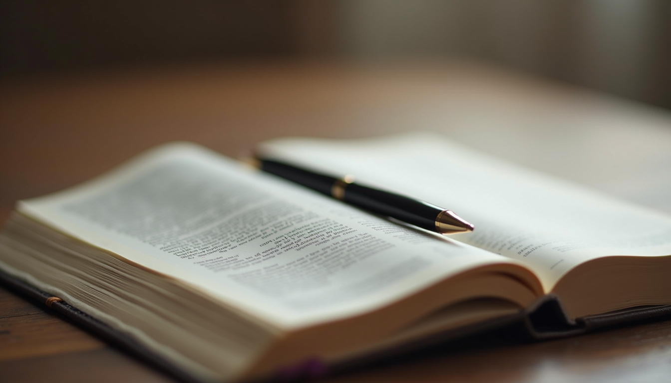 Close-up view of an open prayer journal with a pen resting on the page