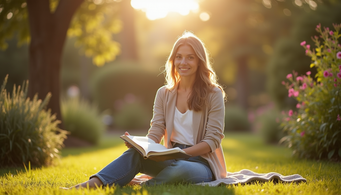 Eye-level view of a woman sitting peacefully in a sunlit garden with a journal