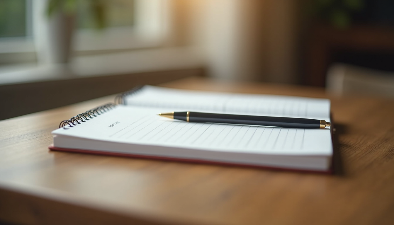 Close-up view of a journal and pen on a wooden table, symbolising reflection and growth