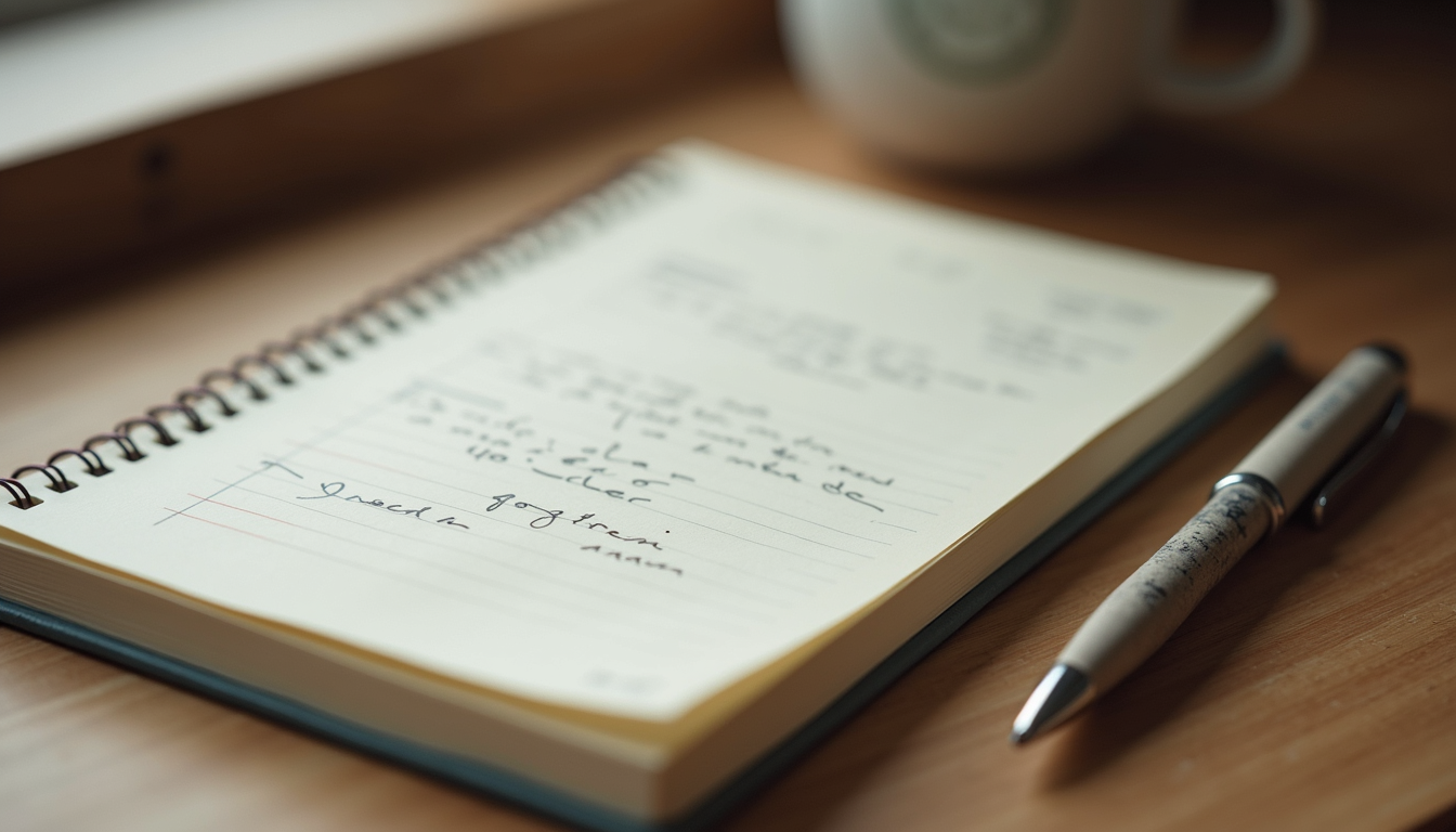 Close-up view of a journal with handwritten notes and a pen on a wooden table