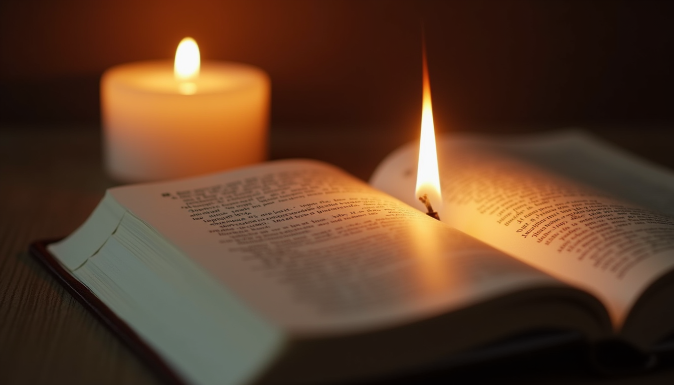 Close-up view of a candle burning softly beside an open prayer journal