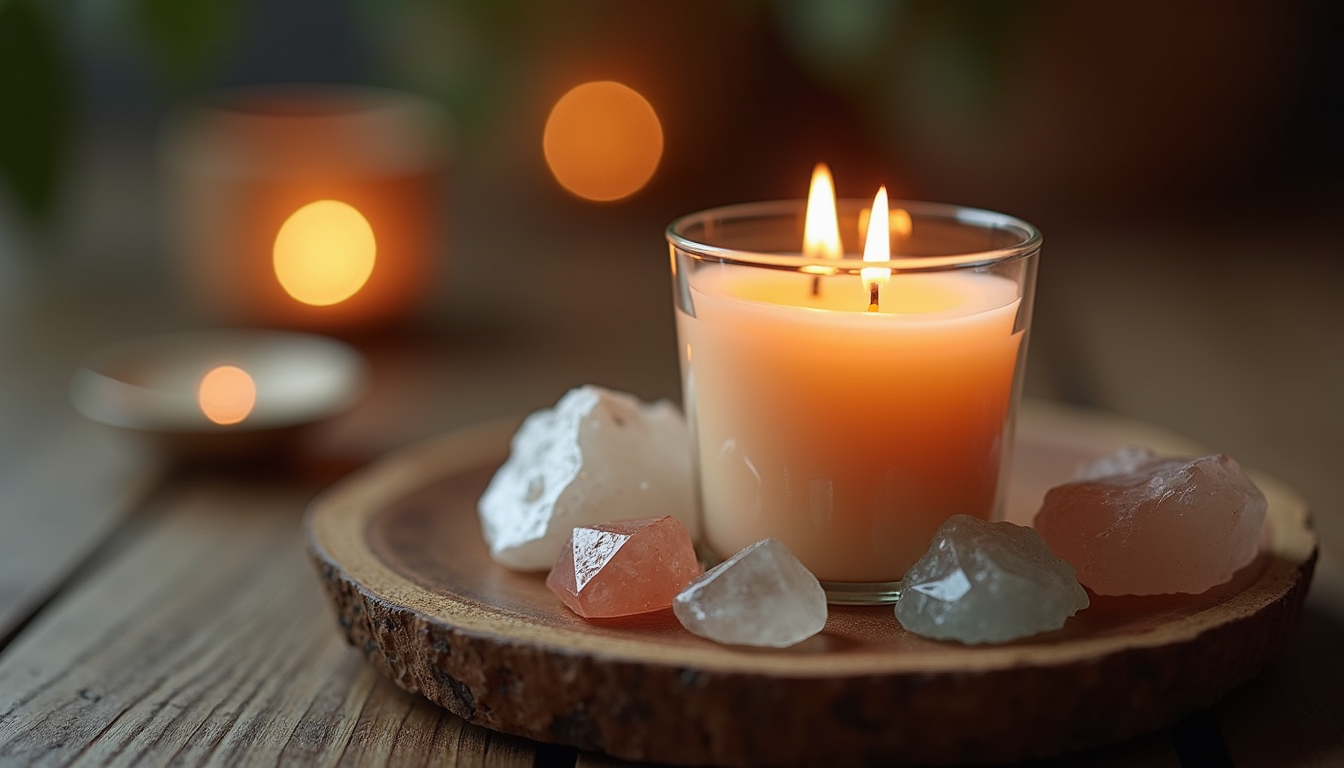 Close-up view of a candle and crystals arranged on a wooden altar