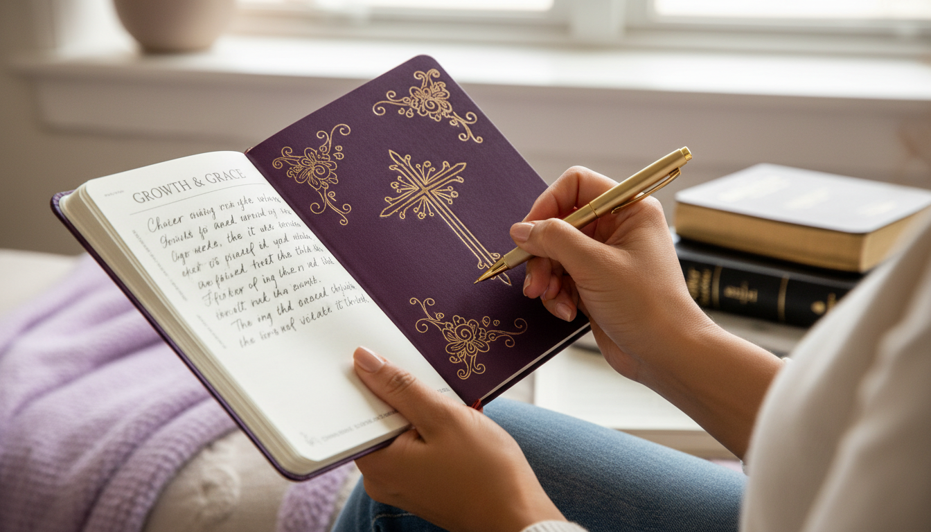 Close-up view of a woman’s hands holding a prayer journal with a pen